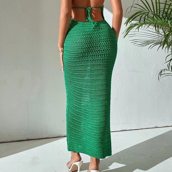 Green Boho Womens Crochet Backless Halter Neck Bodycon Dress - Picture 2 of 6